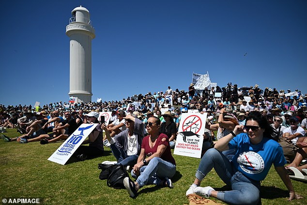 A huge, controversial offshore wind farm stretching along some of Australia's most beautiful coastlines has been given the green light by the Albanian government.  The photo shows a protest against this last October