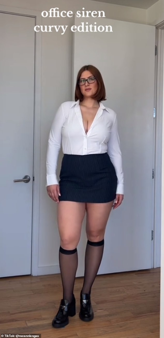 Raeann Langas (pictured), from LA, wore knee-high black mesh socks, a miniskirt and a crisp white shirt for her 'office siren curvy edition' look