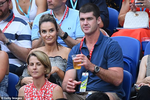 Jonathan Brown, pictured with his wife Kylie Adams, received stitches from his Fox Sports colleagues