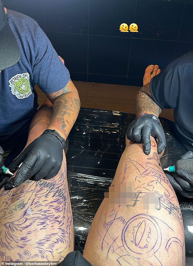Joshua Taylor-Myles posted this photo on Instagram of two artists creating elaborate illustrations over the 'eat s**t fa***t' tattoo and the 'snort lines and f***' tattoo on his thighs