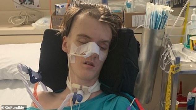 Darcy Metcalf, 17, (pictured in hospital) was on his way to his football team's photo shoot when he was involved in a horrific car crash that left him with 'catastrophic' brain injuries