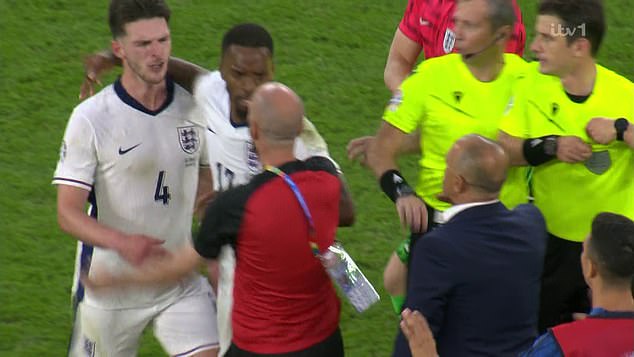 Declan Rice was caught shouting and making gestures towards Slovakia coach Francesco Calzona