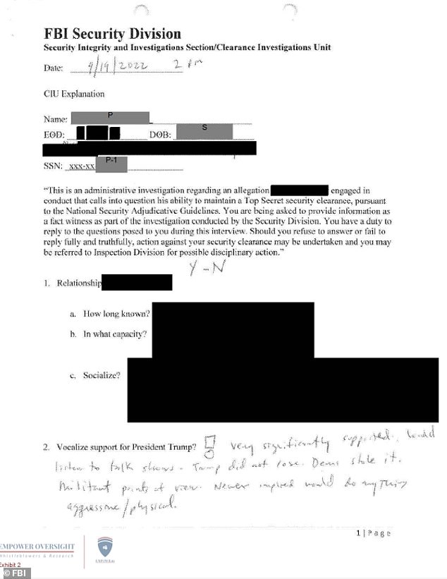 Tristan Leavitt, who represents the former FBI employee, said the agency asked questions about the employee's political beliefs and stance on COVID vaccines and gun rights.  The memo above shows the handwritten notes of FBI investigators investigating the former employee