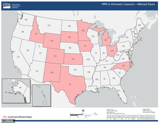 The map above shows states where bird flu infections have been reported in cattle