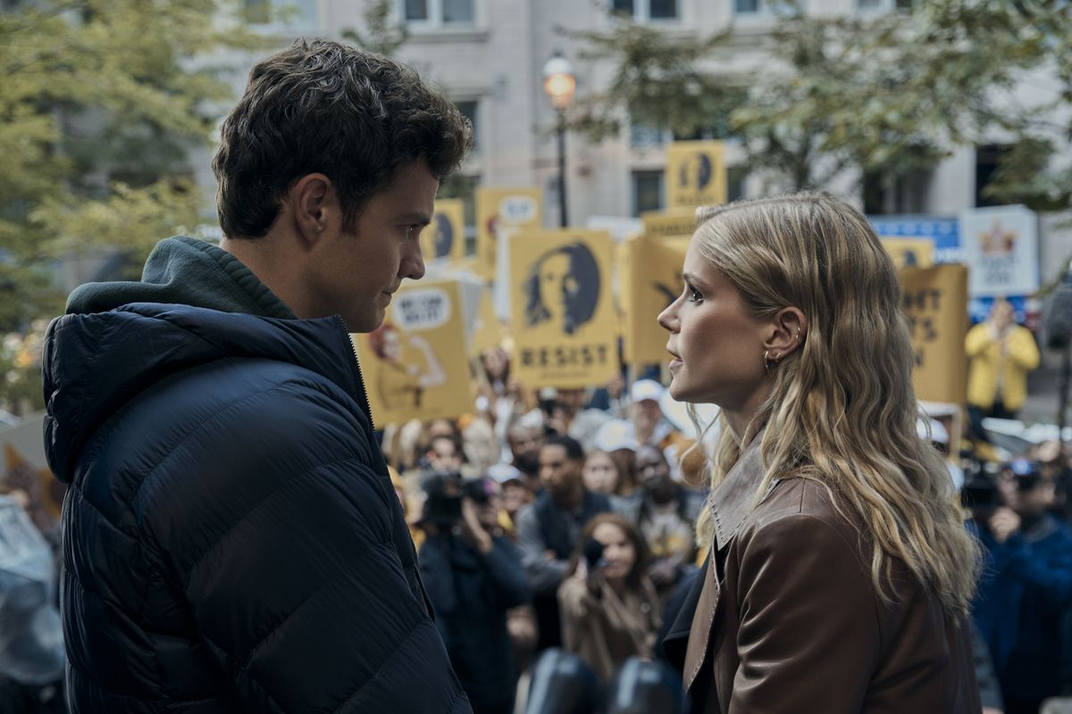 Hughie and Annie January/Starlight chat during a large protest in Season 4 of The Boys