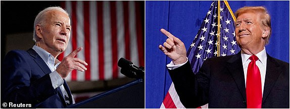 FILE PHOTO: Combination photo showing US President Joe Biden making remarks about lowering costs for American families, in Las Vegas, Nevada, USA, March 19, 2024, as Republican presidential candidate and former US President Donald Trump takes the stage during a campaign rally in Atkinson , New Hampshire, USA, January 16, 2024. REUTERS/Kevin Lamarque and Elizabeth Frantz/File Photo