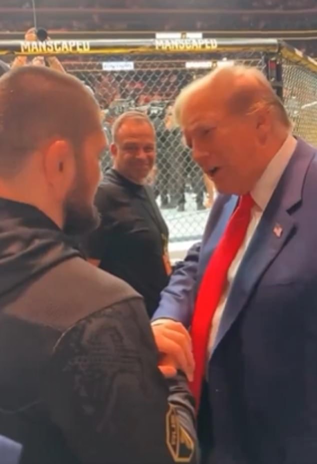 Former US President Donald Trump (right) appeared to tell Khabib Nurmagomedov (left) that 'he will stop the war in Palestine'