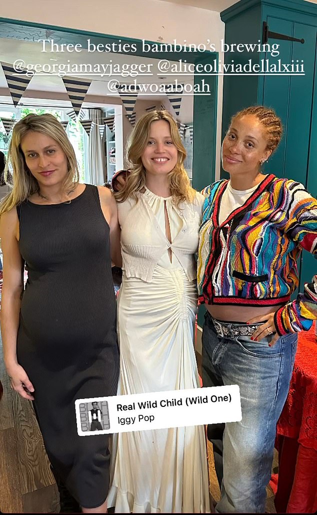 Sir Mick's daughter Georgia May Jagger (center), 32, joined her also-pregnant girlfriend Adwoa Aboah (right), 32, to celebrate the upcoming birth of Alice Dellal's (left) first baby.