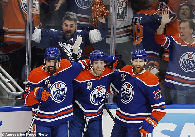 Warren Foegele (37) of the Edmonton Oilers celebrates his goal against the Florida Panthers