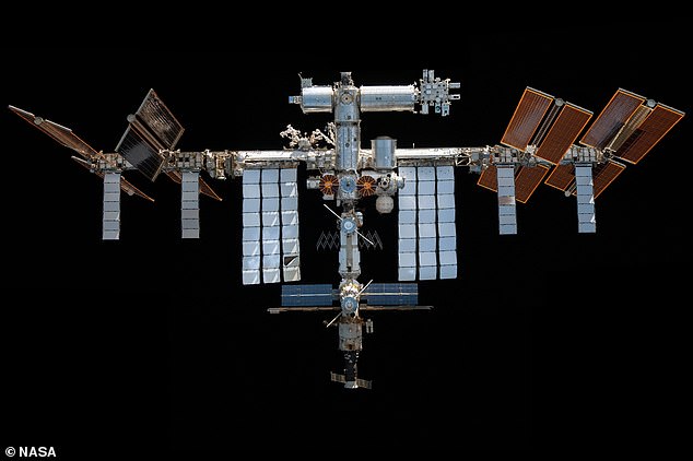 Bottom view of the International Space Station (ISS) in November 2021, orbiting about 400 kilometers above Earth