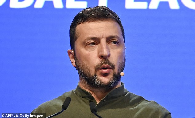 Ukrainian President Volodymyr Zelenskyy speaks during a press conference after the 21st Shangri-La Dialogue Summit at the Shangri-La Hotel in Singapore on Sunday.  Zelenskyy on Sunday at Asia's top security conference urged a group of top defense officials to attend an upcoming peace summit, saying Ukraine was ready to hear "different proposals and thoughts" about ending the war with Russia