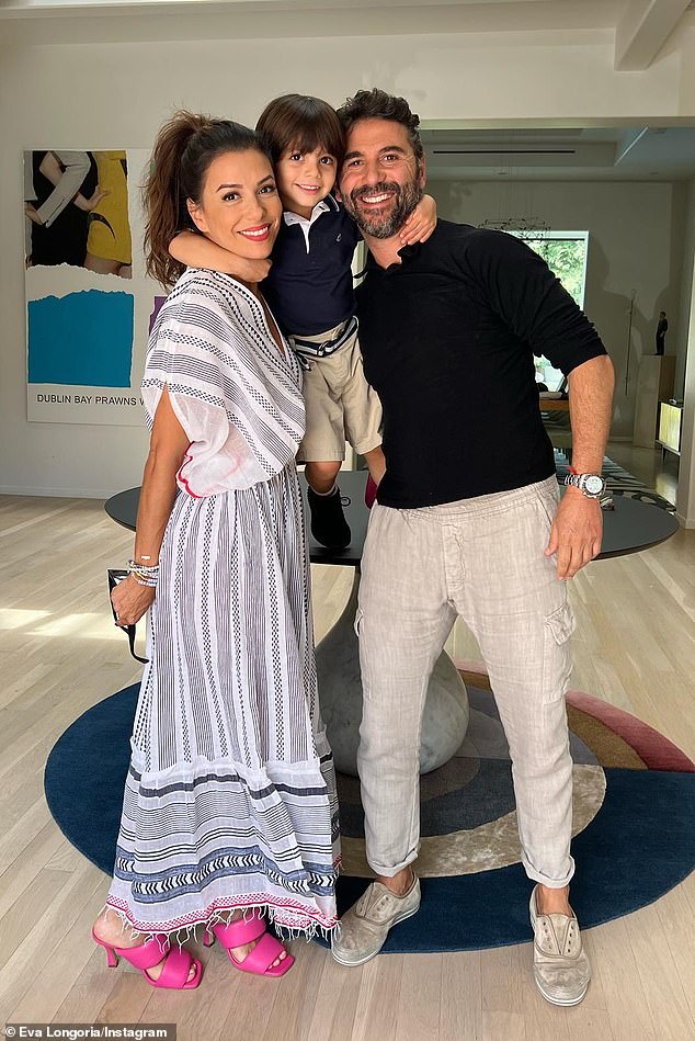 Longoria – pictured with her husband José Bastón, 56, and their six-year-old son Santiago – also opened up about her move to Marbella, Spain