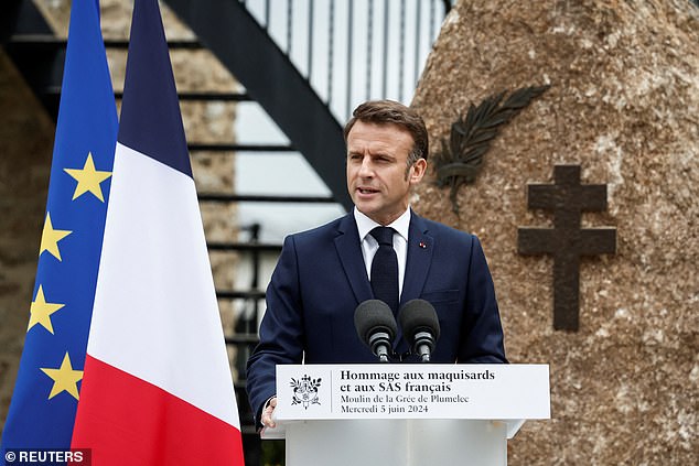 Macron paid tribute to the Saint Marcel maquis, a force of French resistance fighters during World War II, and the French paratroopers of the SAS (Special Air Service), in Plumelec, Brittany, on the eve of the 80th anniversary of the D-Day landings of 1944 in Normandy, France June 5, 2024