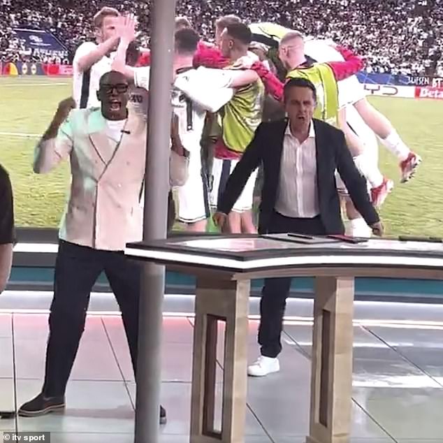 Ian Wright (left) and Gary Neville (right) both went wild with joy in the ITV Sport studio in Germany after England scored their first goal against Slovakia at Euro 2024 on Sunday night