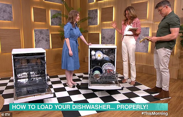 Good Housekeeping's Katie Mottram (pictured, left) dispelled some myths about dishwashers on This Morning today (presenters Cat Deeley and Ben Shephard pictured center and right)