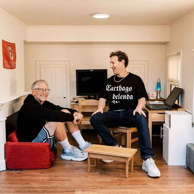 Zuckerberg celebrated his 40th birthday last month by sharing a selection of photos, including this one of him sitting next to Bill Gates in a miniature version of his old Harvard dorm.