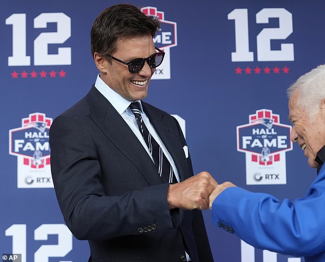 Tom Brady pictured with Robert Kraft on the red carpet for his induction into the Patriots Hall of Fame