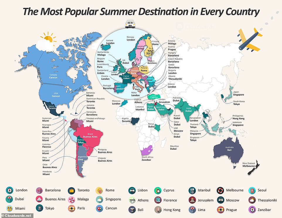 A fascinating, reworked map has revealed the most popular summer destinations around the world - and London and Dubai are the world's joint favorite places