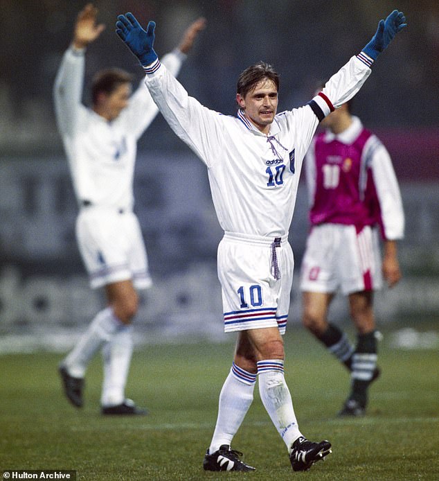 Dragan Stojkovic of Yugoslavia celebrates after a 12-1 aggregate victory over Hungary in 1997