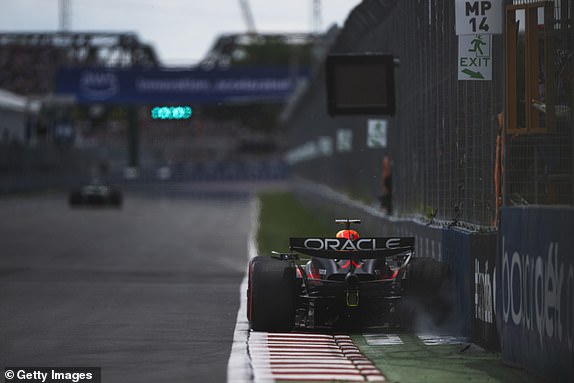 MONTREAL, QUEBEC – JUNE 08: Max Verstappen of Netherlands driving the (1) Oracle Red Bull Racing RB20 hits the Wall of Champions during the final practice before the F1 Grand Prix of Canada at Circuit Gilles Villeneuve on June 8, 2024 in Montreal , Quebec.  (Photo by Rudy Carezzevoli/Getty Images)