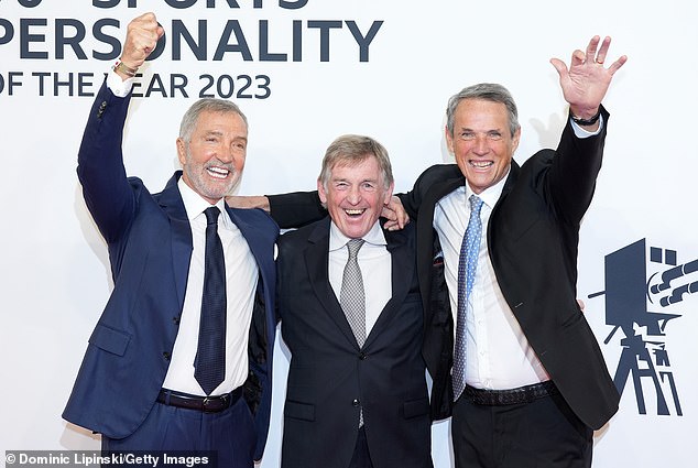 Alan Hansen (right), pictured with fellow Liverpool legends Kenny Dalglish (centre) and Graeme Souness (left) at BBC Sports Personality of the Year in 2023