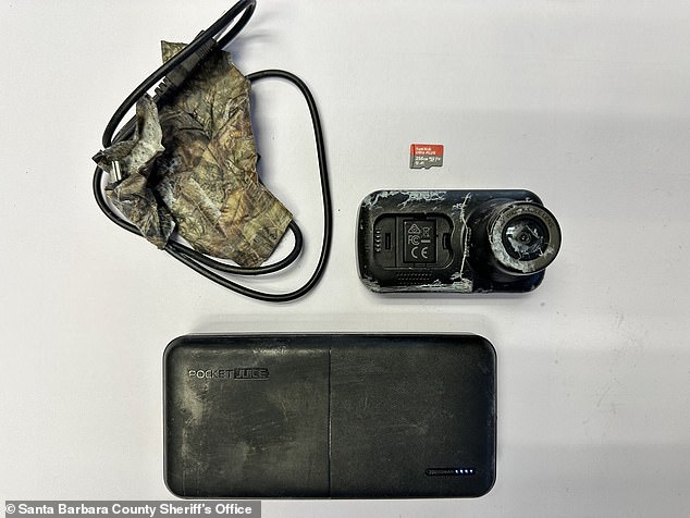 In April, a hidden camera containing a memory card (right), a power cord wrapped in camouflage tape (left) and a large battery pack were discovered in the yard of a Santa Barbara home
