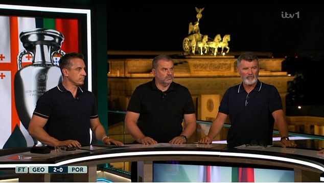 Gary Neville (left) believes England should be grateful for their draw and placing at the opposite end of the competition to other contenders. Pictured are Neville, Ange Postecoglou (centre) and Roy Keane (right)