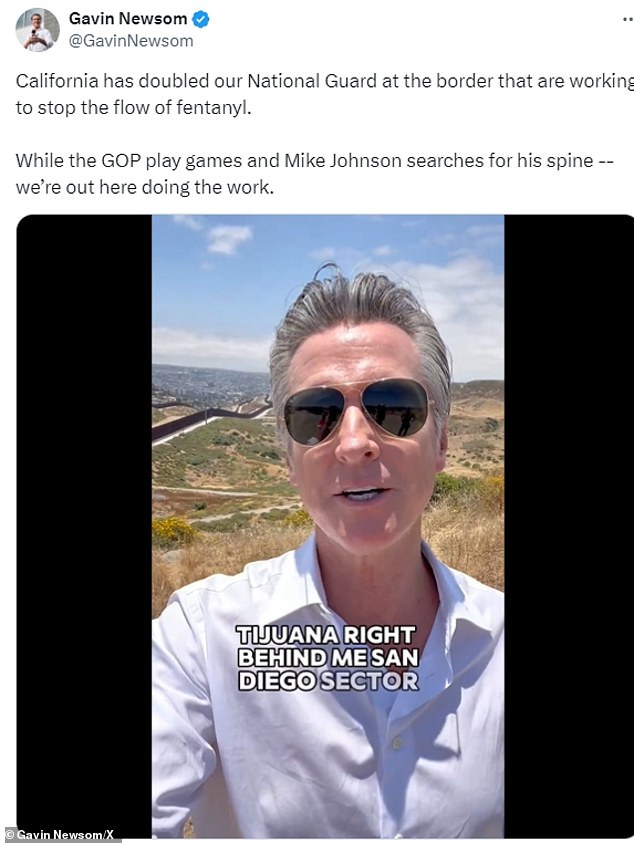 California's Democratic governor posted a selfie video at the southern border on Thursday
