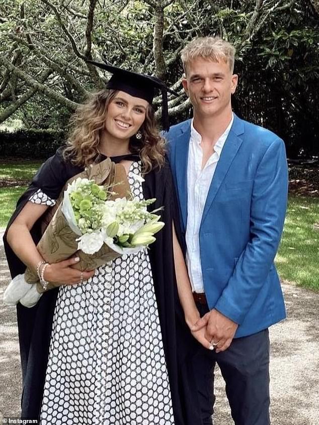 Johnny Konings (pictured with his fiancée Charlotte Gordon) suffered a broken spine, bent spinal cord, broken ribs and a collapsed lung last Tuesday after a bizarre wipeout during the first wave of his session at Duranbah Beach on the Queensland-NSW border