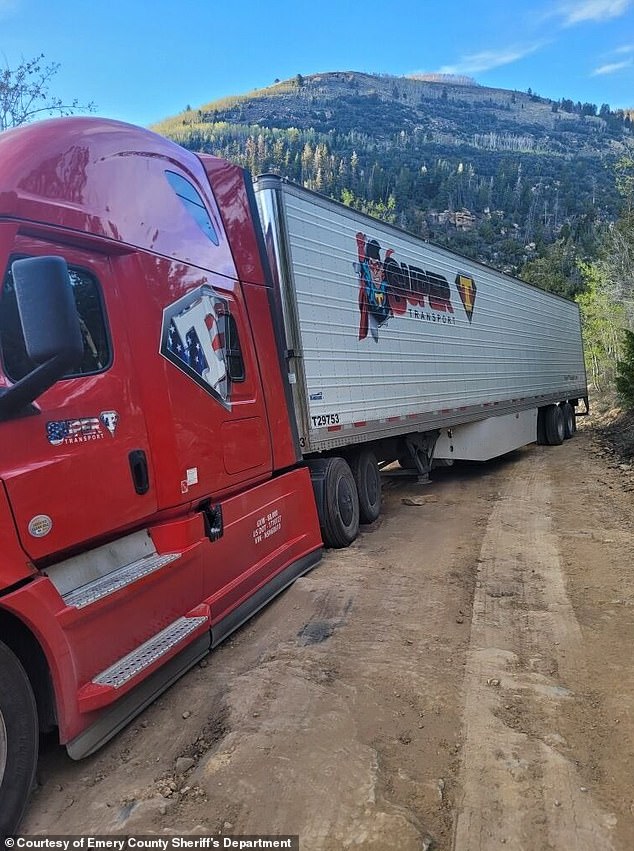 An 18-wheel semi-truck carrying a 50-foot refrigerated trailer full of Red Bull (pictured) got stuck in the mud Friday after its navigation system took it to East Mountain Road.  Crews rescued the driver and his truck as it teetered on the steep hill