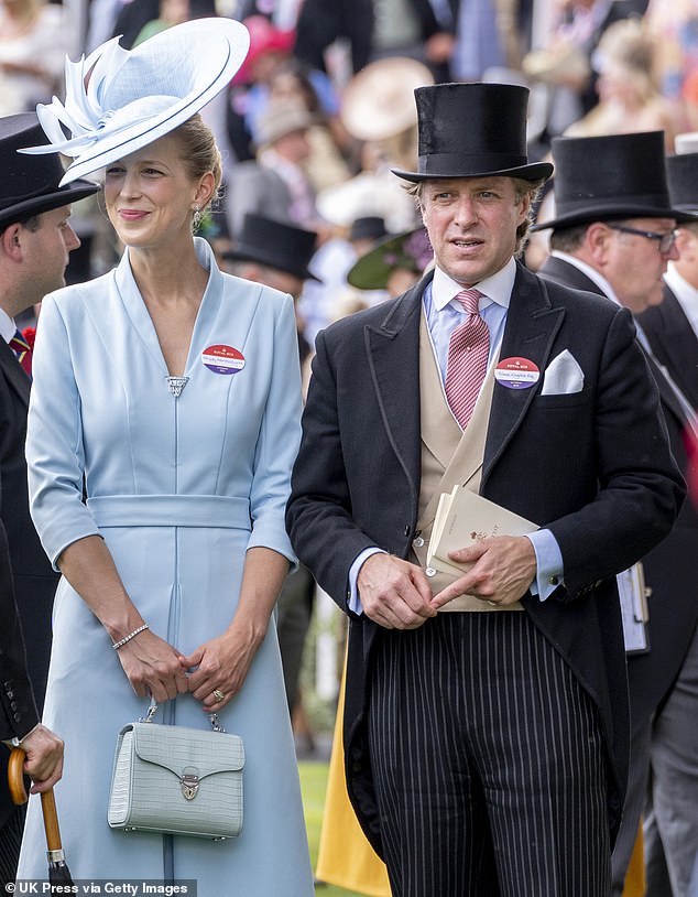 Lady Gabriella Windsor and her late husband at Royal Ascot in 2023;  Grieving Lady Gabriella returns to the event today, supported by members of the Royal Family, as she joins them in the carriage procession for the first time