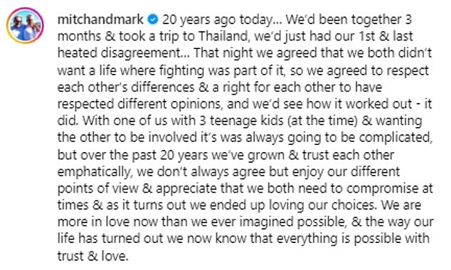 'Today marks 20 years... We were together for 3 months and took a trip to Thailand, we had just had our first and last major disagreement...' they wrote in the caption