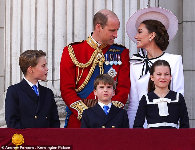 The Prince and Princess of Wales (pictured with their three children on the balcony of Buckingham Palace on Saturday) shared this image on their Instagram account