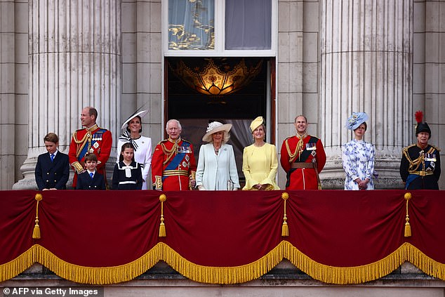 The Duke and Duchess of Edinburgh showed off their popularity this weekend as they did their bit amid the pomp and circumstance of Trooping the Colour.  Above: (From left) Prince George, Prince William, Prince Louis, Kate, Princess Charlotte, King Charles III, Queen Camilla, Sophie, Prince Edward, Lady Louise Windsor and Princess Anne on the palace balcony on Saturday