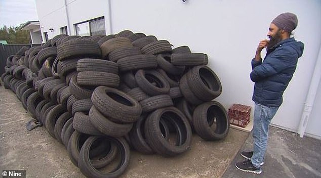 Harjeet Singh Rai (pictured) and his wife arrived home to find their Sydney driveway full of about 500 used tires