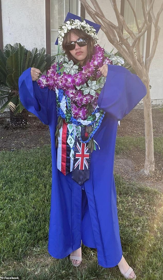 Sophia Noelani Iliana Benzon pictured after her graduation, where her family said she was excluded for wearing her lei