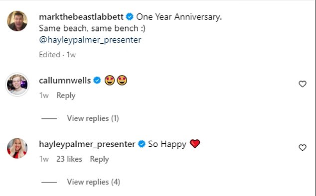 Unaware that anything was wrong, Hayley had written in the comments of Mark's post on Thursday: 'So happy'