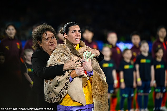 Retired Australian Matildas goalkeeper Lydia Williams receives a traditional Booka from native tennis icon Evonne Goolagong Cawley