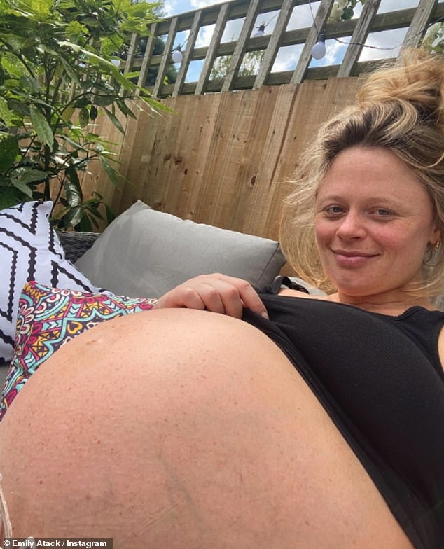 Heavily pregnant Emily Atack jokingly begs for help as she
