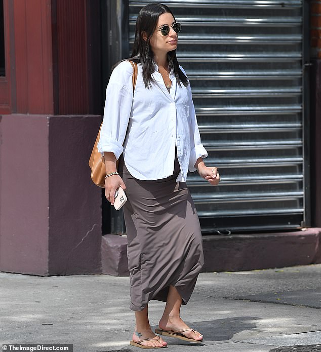 Heavily pregnant Lea Michele steps out in a button-up shirt and Lycra dress before welcoming her second child with husband Zandy Reich in New York on Tuesday