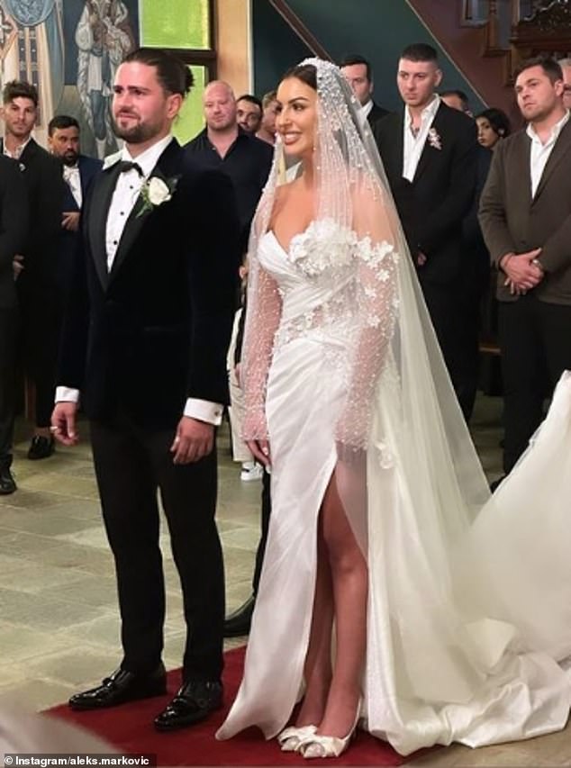 MAFS's Aleksandra Markovic (right) walked down the aisle with her fiancé Nik Stojan (left) at a stunning ceremony held at Sydney's Curzon Hall on Saturday