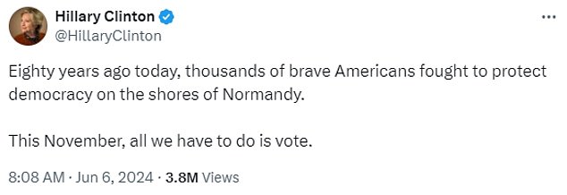 The Democrat, who ran against Donald Trump for president in 2016, compared the fight against Nazi Germany to voting against Trump in November.