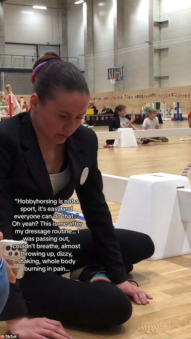 A hobby horse competitor has posted a dramatic video of herself writhing in pain after completing her round in the unusual tournament