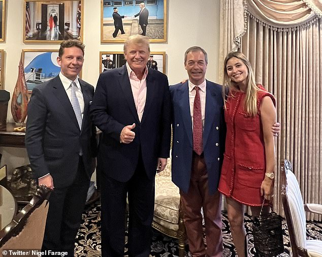 Holly Candy (née Valance), 41, has once again thrown her support behind Nigel Farage.  Pictured (left to right) with husband Nick Candy, Donald Trump and Nigel Farage