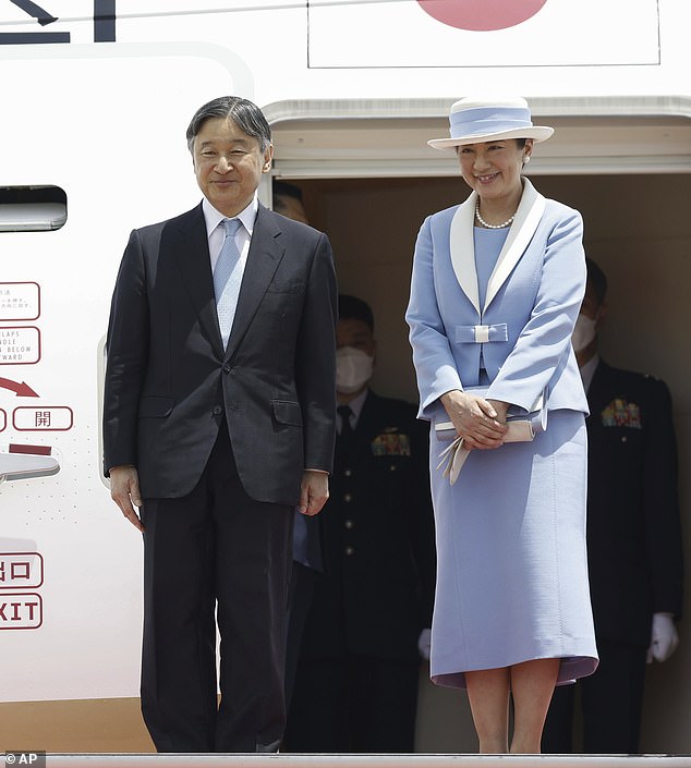 Emperor Naruhito and his wife, Empress Masako, landed in Britain on Friday for a long-awaited official state visit, but the monarch expressed regret that they could not make the trip while Queen Elizabeth was still alive.