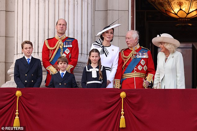Members of the Royal Family watch the flypast from the balcony of Buckingham Palace today