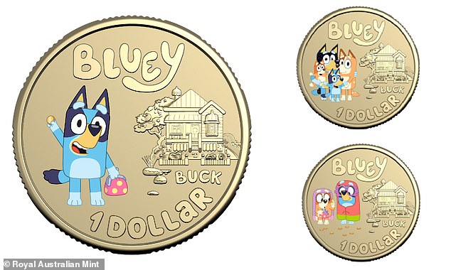 The Bluey coins can be purchased as individual coin cards or as a set of three coins including a sticker sheet