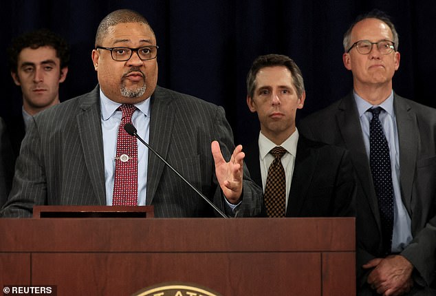 Manhattan District Attorney Alvin Bragg speaks after the guilty verdict in the criminal trial of former US President Donald Trump.  Colangelo is located to the right of Bragg.