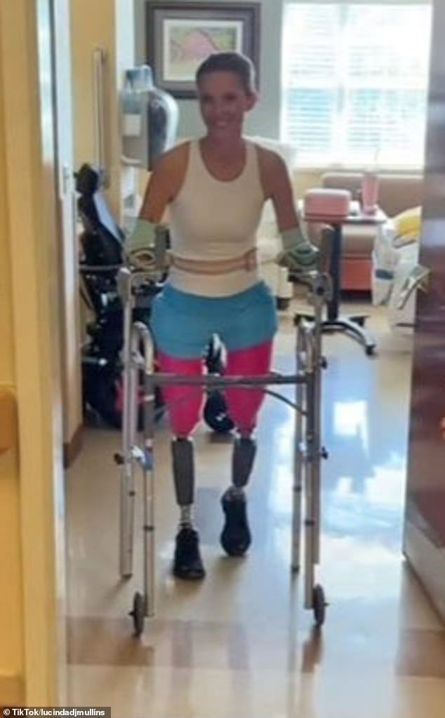 Lucinda Mullins, 41, posted a video of her taking her first steps under her own power since being forced to amputate all four of her limbs