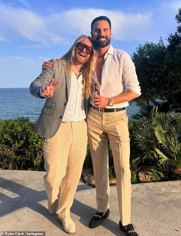 Scott Mills and his husband Sam Vaughan certainly got the party started as they hosted the wedding of the year this weekend as guests Sam Ryder and Rylan Clark (seen) enjoyed the event